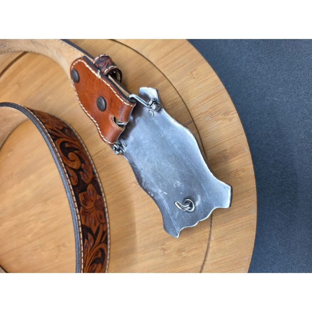 Justin Men's Classic Longhorn‎ Tan Tooled Leather Western Belt C11194 Size 38